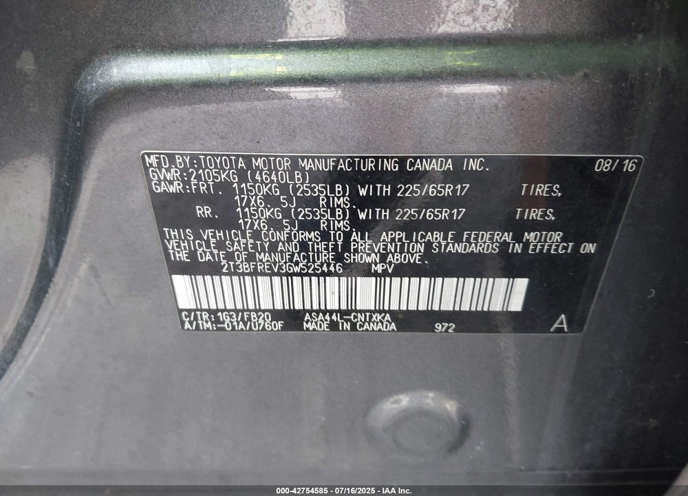 2016 TOYOTA RAV4 VIN: 2T3BFREV3GW525446