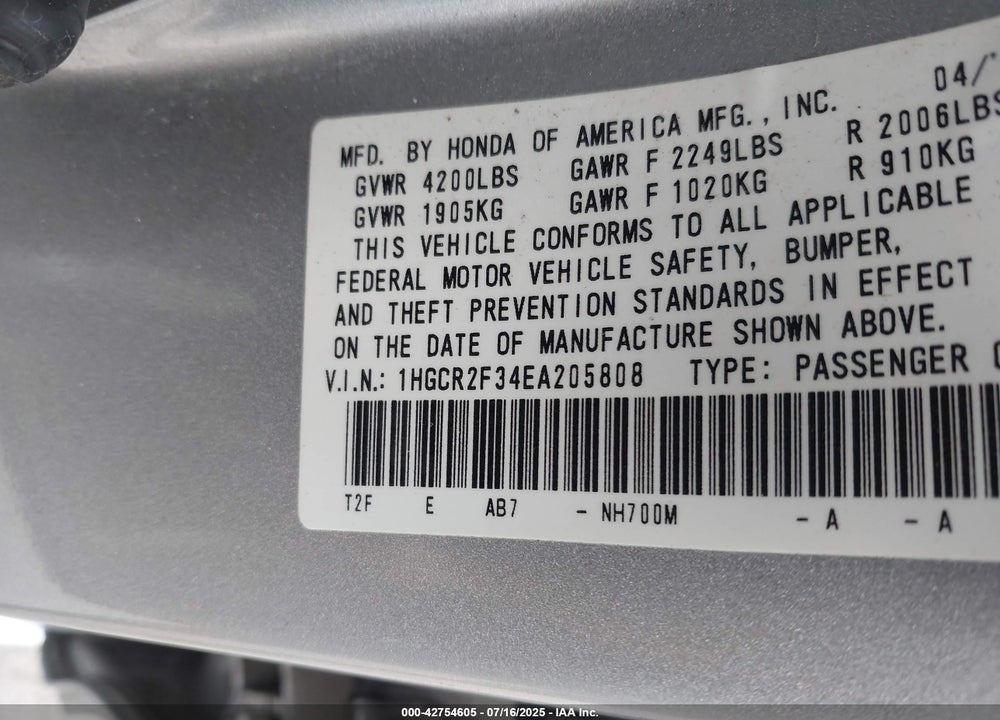 2014 HONDA ACCORD VIN: 1HGCR2F34EA205808