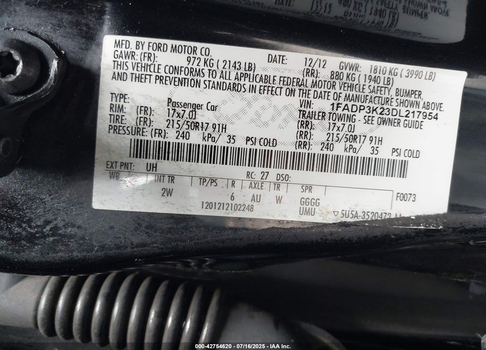 2013 FORD FOCUS VIN: 1FADP3K23DL217954