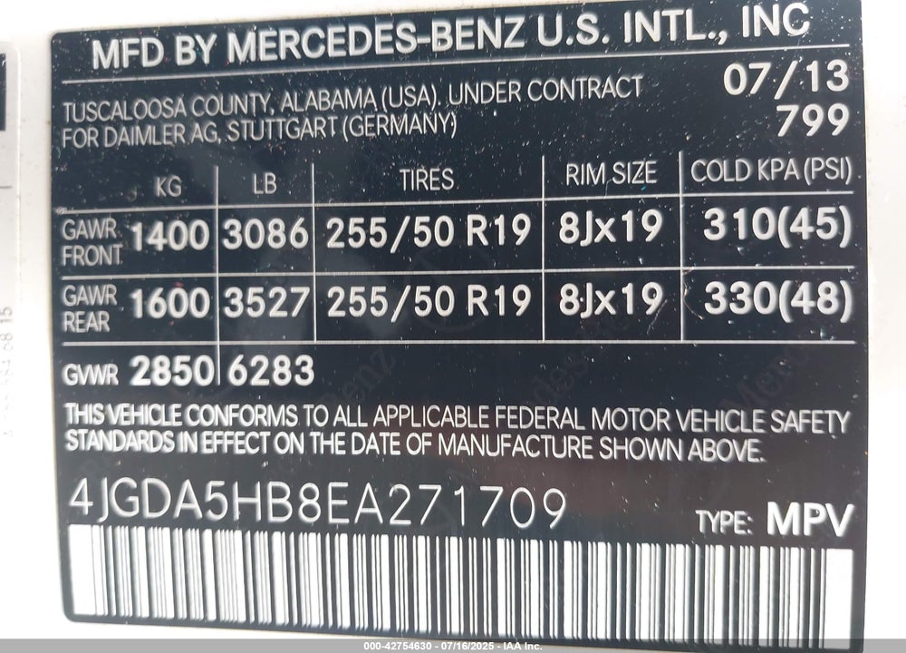 2014 MERCEDES-BENZ M-CLASS VIN: 4JGDA5HB8EA271709
