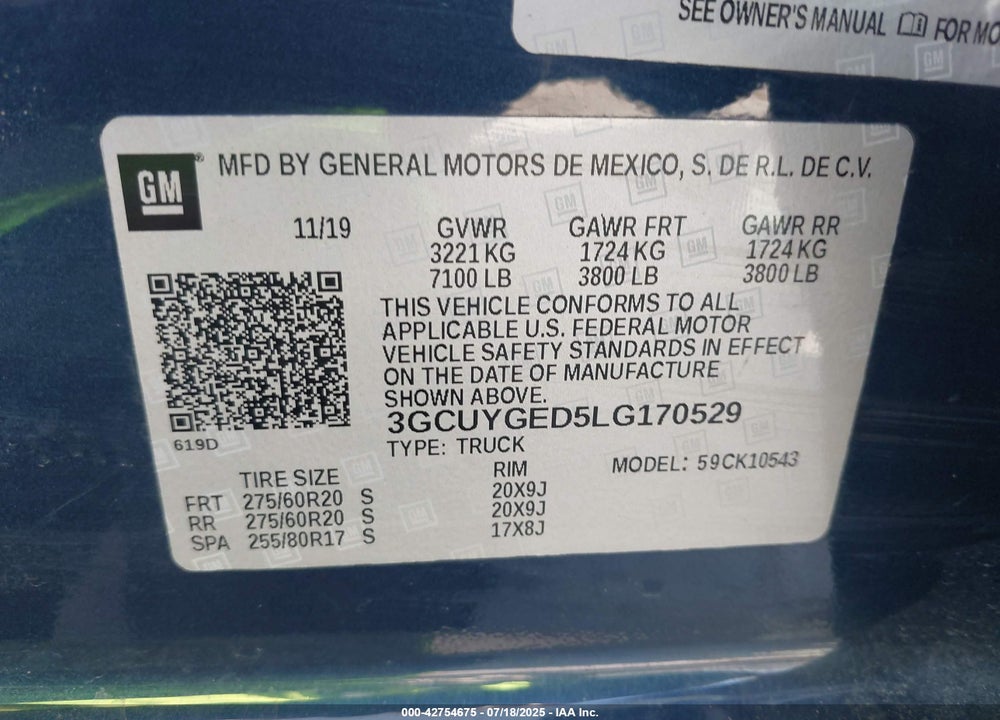 2020 CHEVROLET SILVERADO 1500 VIN: 3GCUYGED5LG170529