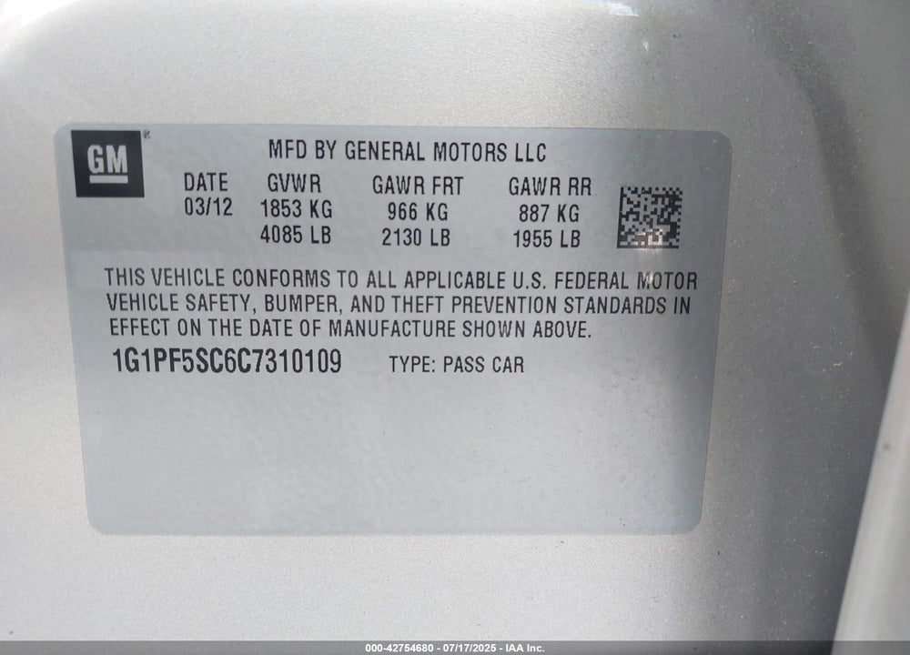 2012 CHEVROLET CRUZE VIN: 1G1PF5SC6C7310109