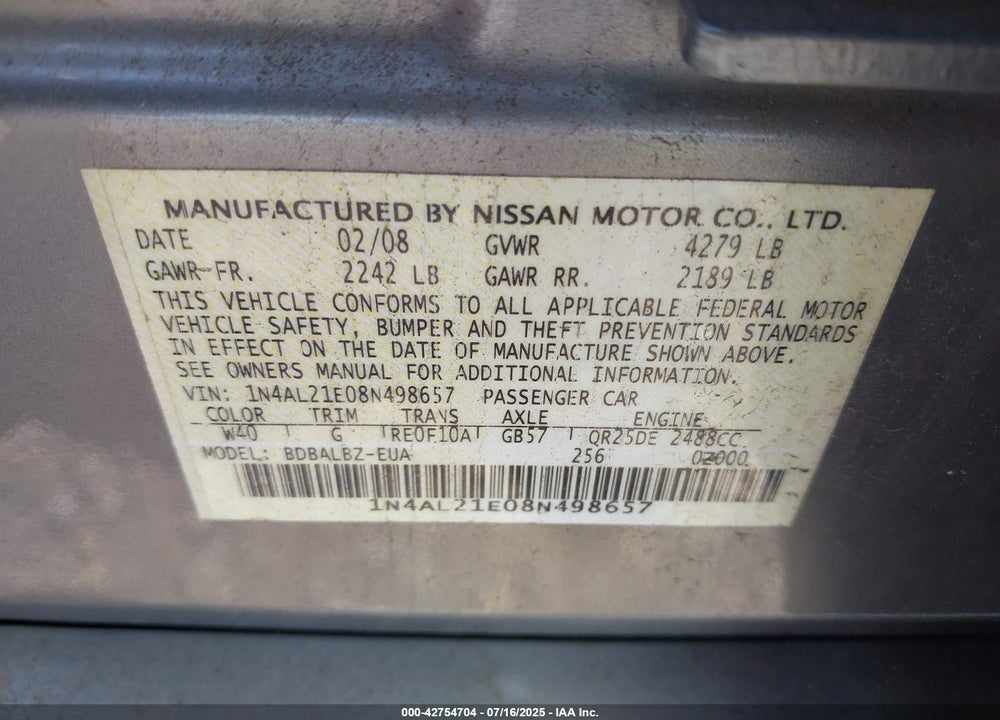 2008 NISSAN ALTIMA VIN: 1N4AL21E08N498657