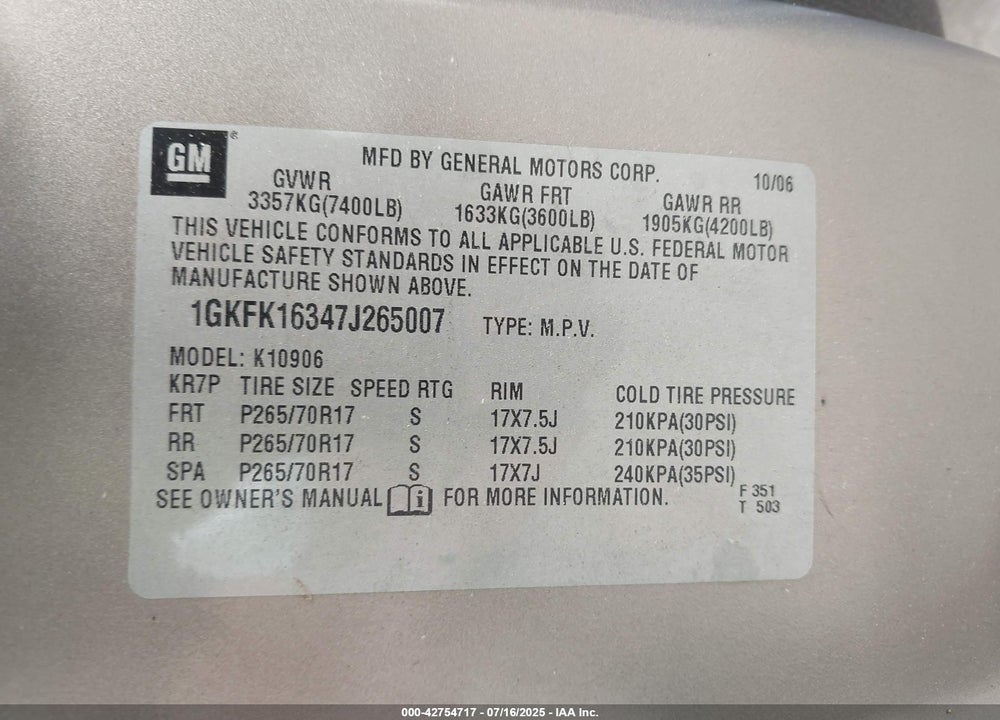 2007 GMC YUKON XL 1500 VIN: 1GKFK16347J265007
