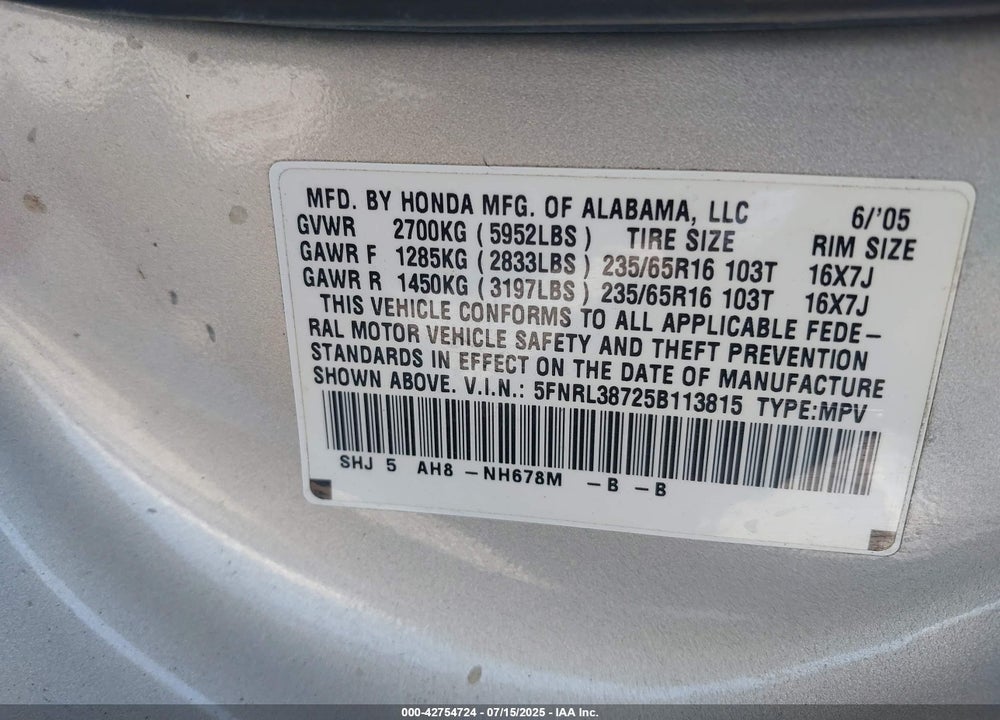 2005 HONDA ODYSSEY EX-L VIN: 5FNRL38725B113815