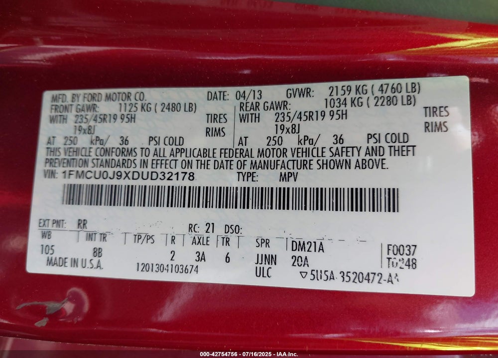 2013 FORD ESCAPE TITANIUM VIN: 1FMCU0J9XDUD32178