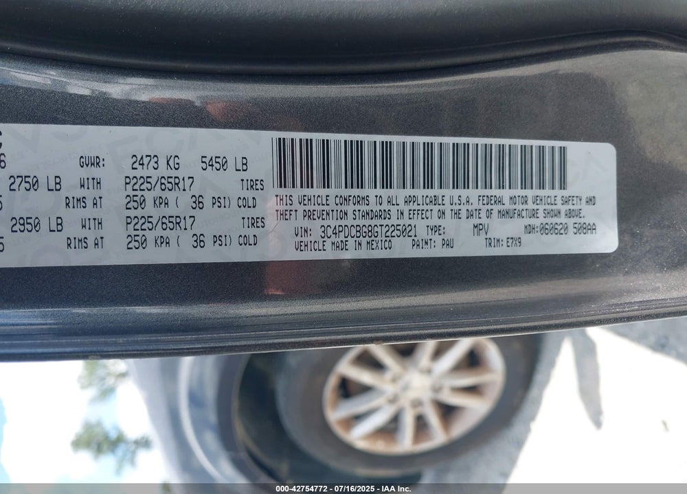 2016 DODGE JOURNEY VIN: 3C4PDCBG8GT225021
