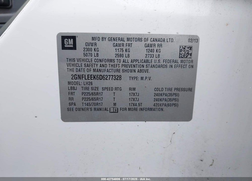 2013 CHEVROLET EQUINOX VIN: 2GNFLEEK6D6277328