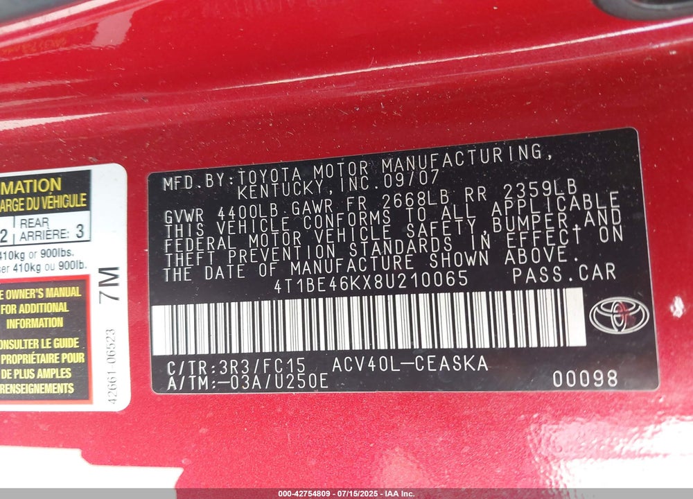 2008 TOYOTA CAMRY VIN: 4T1BE46KX8U210065