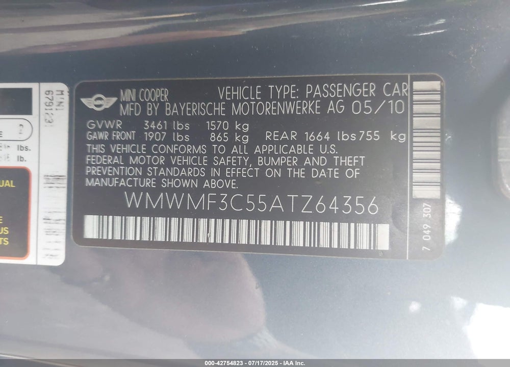 2010 MINI COOPER VIN: WMWMF3C55ATZ64356