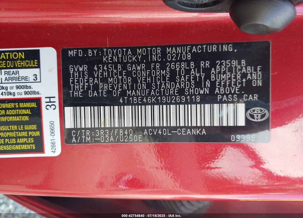2009 TOYOTA CAMRY VIN: 4T1BE46K19U269118