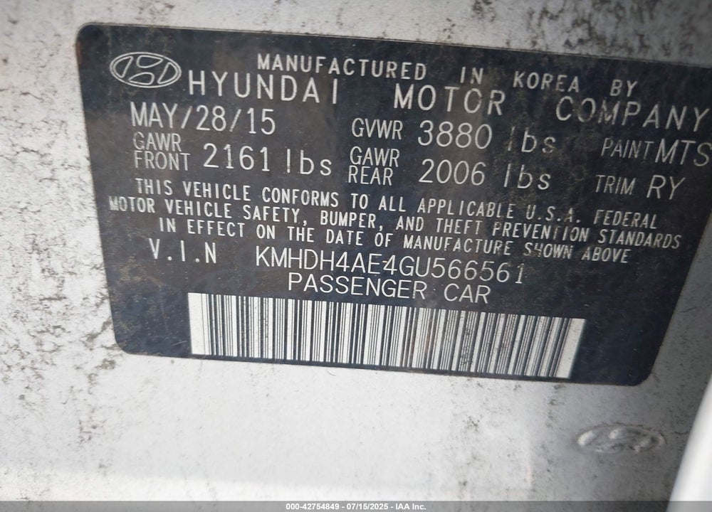 2016 HYUNDAI ELANTRA VIN: KMHDH4AE4GU566561