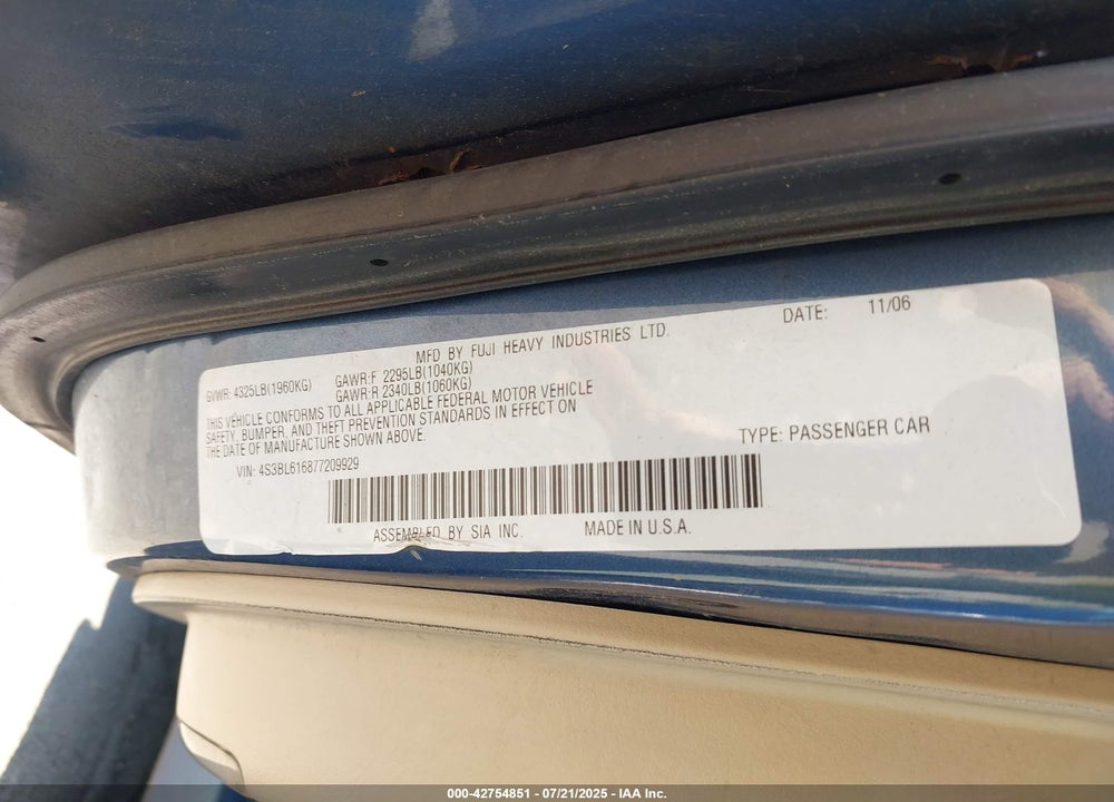 2007 SUBARU LEGACY VIN: 4S3BL616877209929
