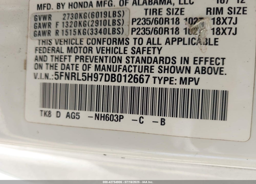 2013 HONDA ODYSSEY TOURING/TOURING ELITE VIN: 5FNRL5H97DB012667