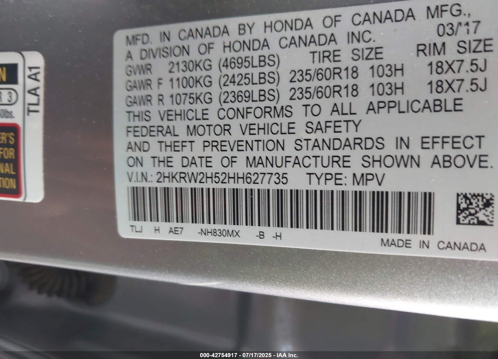 2017 HONDA CR-V VIN: 2HKRW2H52HH627735