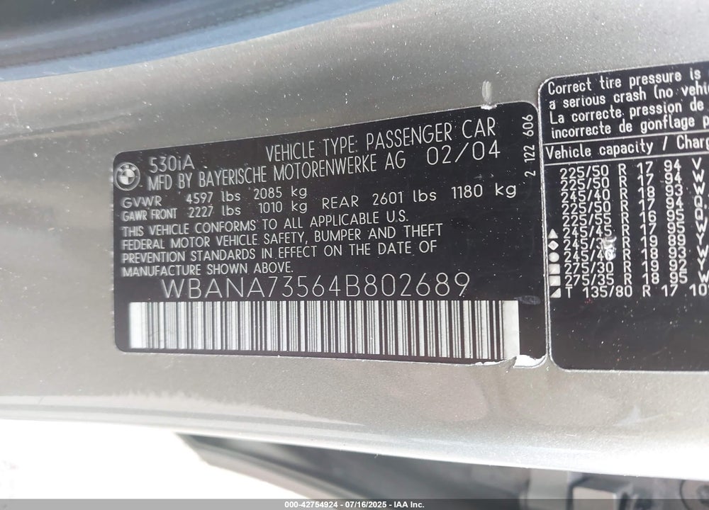 2004 BMW 530I VIN: WBANA73564B802689