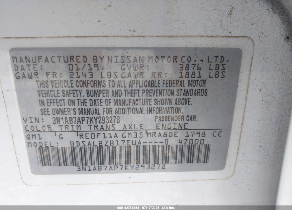 2019 NISSAN SENTRA VIN: 3N1AB7AP7KY293278