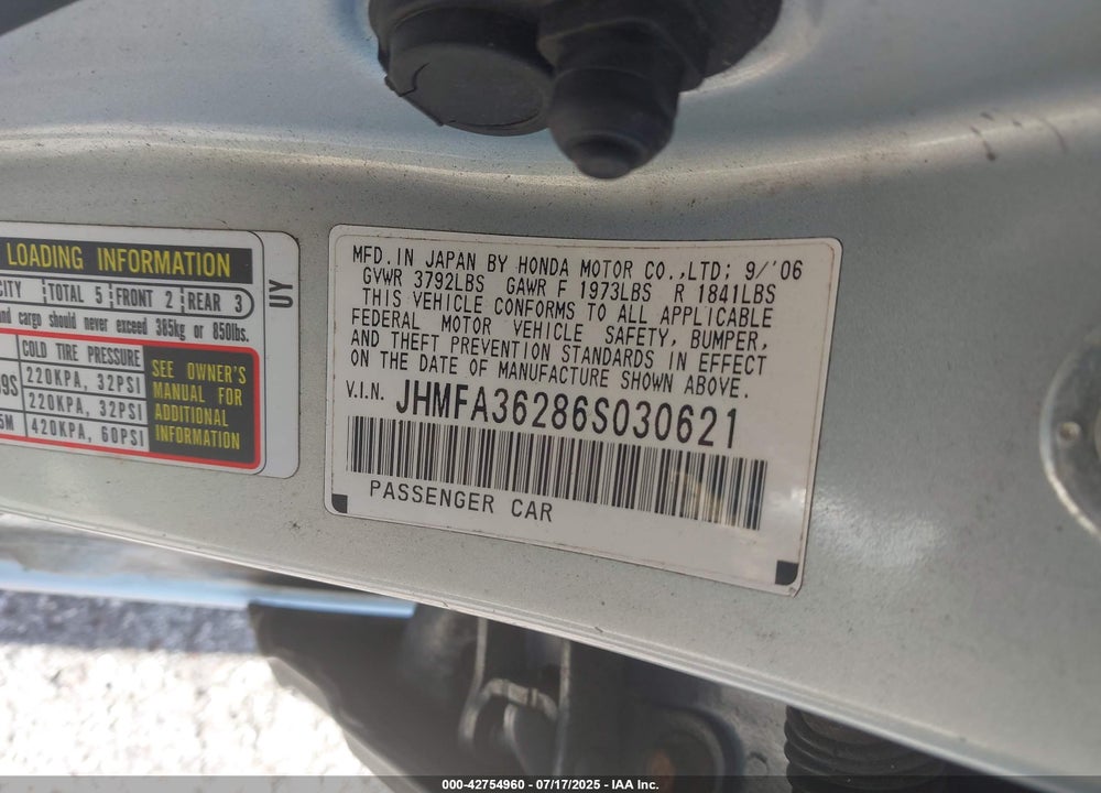 2006 HONDA CIVIC HYBRID VIN: JHMFA36286S030621