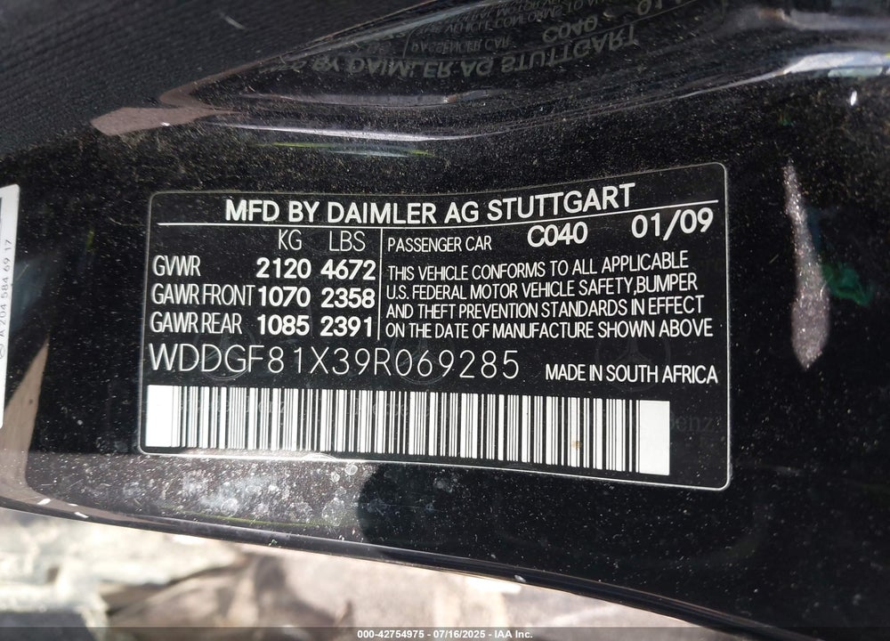 2009 MERCEDES-BENZ C CLASS VIN: WDDGF81X39R069285