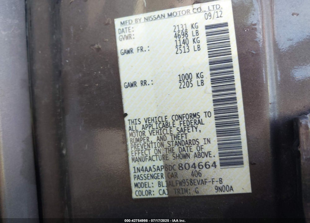 2013 NISSAN MAXIMA VIN: 1N4AA5AP8DC804664