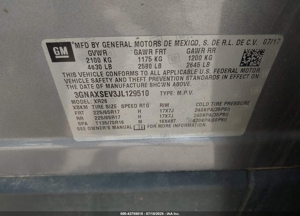 2018 CHEVROLET EQUINOX VIN: 3GNAXSEV3JL129510