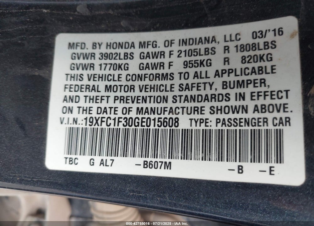 2016 HONDA CIVIC VIN: 19XFC1F30GE015608