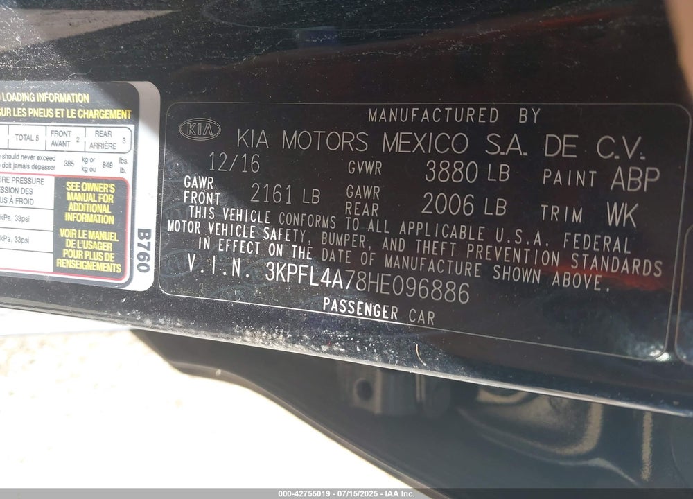 2017 KIA FORTE VIN: 3KPFL4A78HE096886