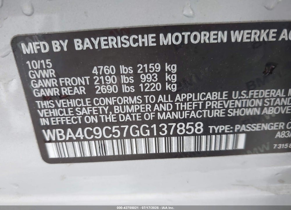 2016 BMW 4 SERIES VIN: WBA4C9C57GG137858