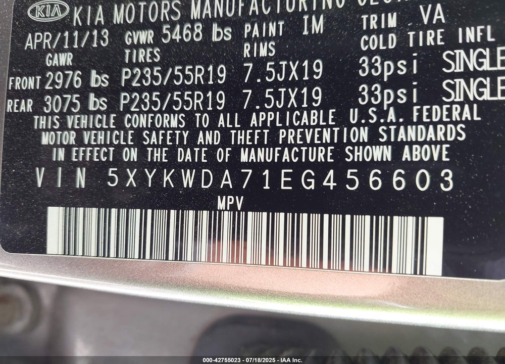 2014 KIA SORENTO LIMITED V6 VIN: 5XYKWDA71EG456603