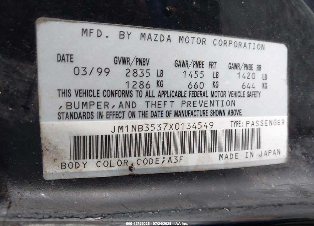 1999 MAZDA MX-5 MIATA LEATHER PKG/POPULAR EQUIPMENT PKG/SPORTS PKG/TOURING PKG VIN: JM1NB3537X0134549
