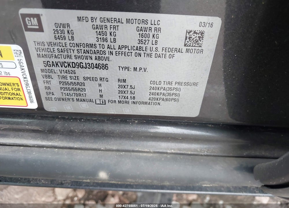 2016 BUICK ENCLAVE VIN: 5GAKVCKD9GJ304686