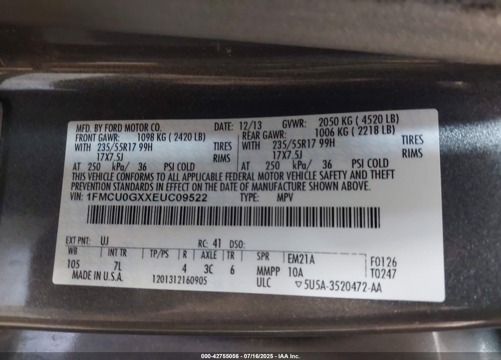 2014 FORD ESCAPE VIN: 1FMCU0GXXEUC09522
