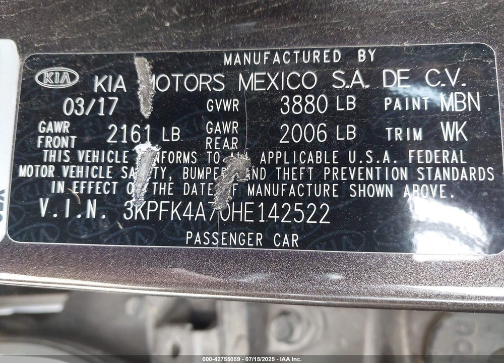 2017 KIA FORTE VIN: 3KPFK4A70HE142522