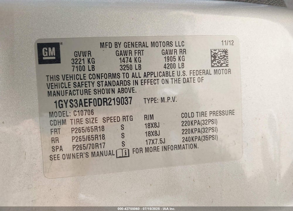 2013 CADILLAC ESCALADE VIN: 1GYS3AEF0DR219037
