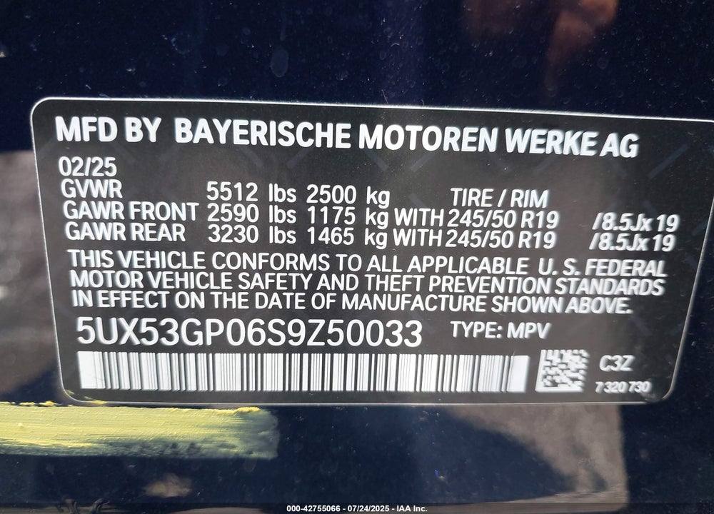 2025 BMW X3 VIN: 5UX53GP06S9Z50033