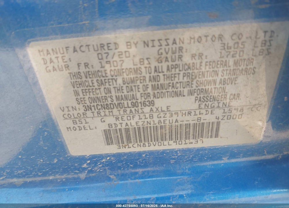 2020 NISSAN VERSA VIN: 3N1CN8DV0LL901639