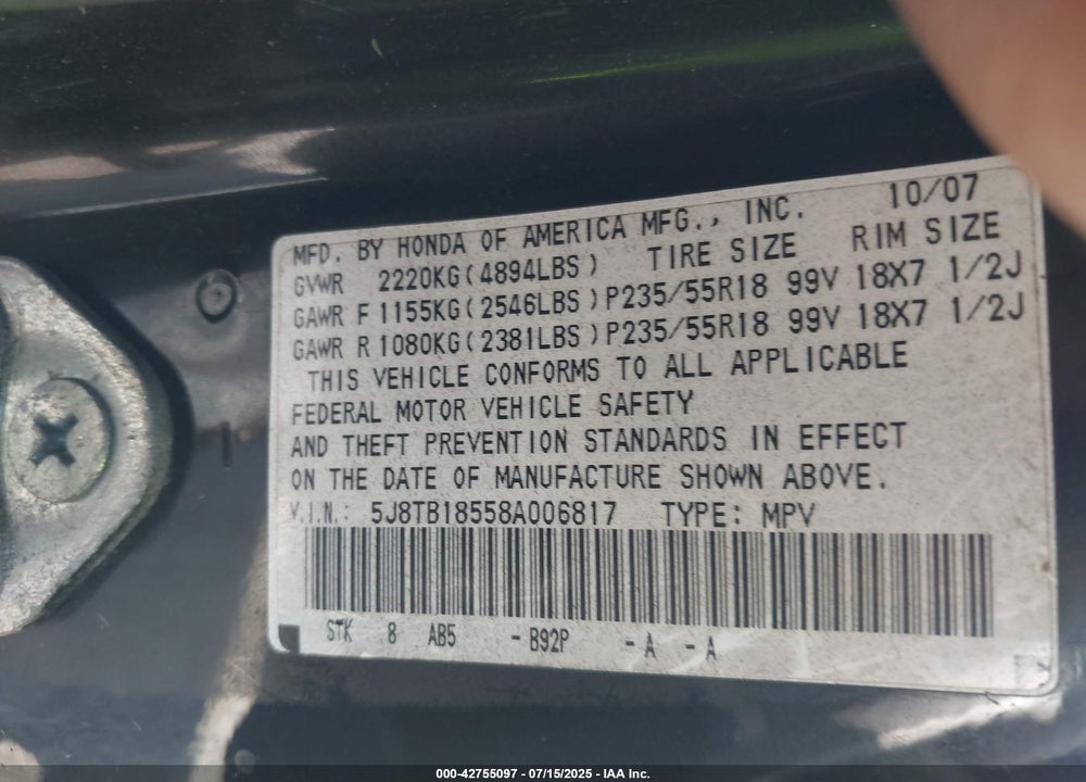 2008 ACURA RDX VIN: 5J8TB18558A006817