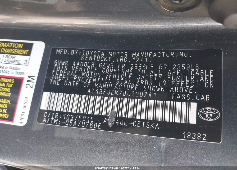 2011 TOYOTA CAMRY VIN: 4T1BF3EK7BU200741