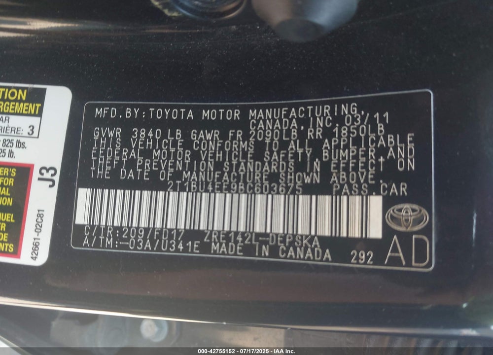 2011 TOYOTA COROLLA VIN: 2T1BU4EE9BC603675