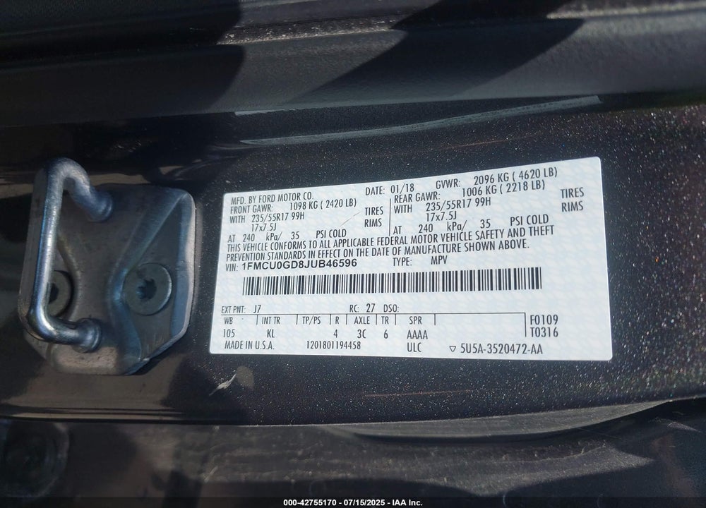 2018 FORD ESCAPE VIN: 1FMCU0GD8JUB46596