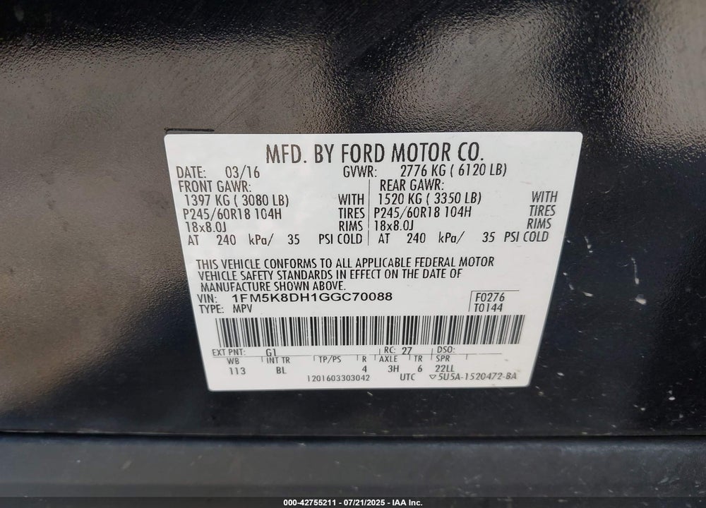 2016 FORD EXPLORER VIN: 1FM5K8DH1GGC70088