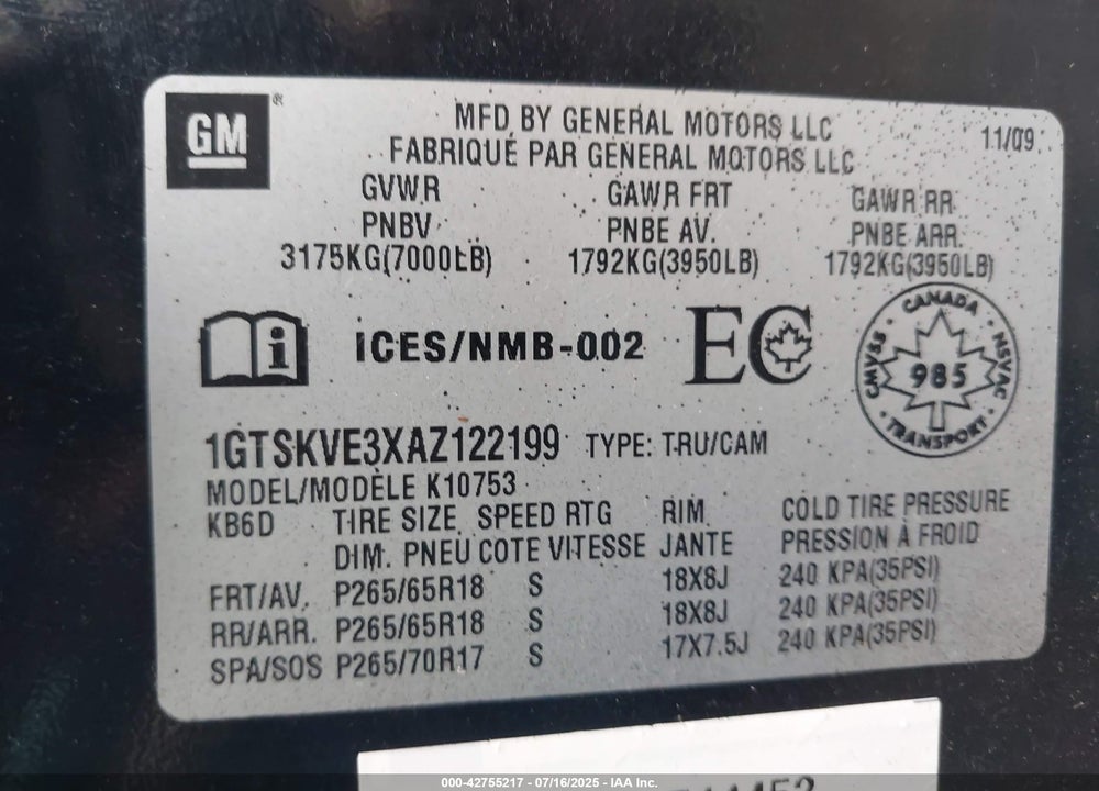 2010 GMC SIERRA 1500 SLE VIN: 1GTSKVE3XAZ122199