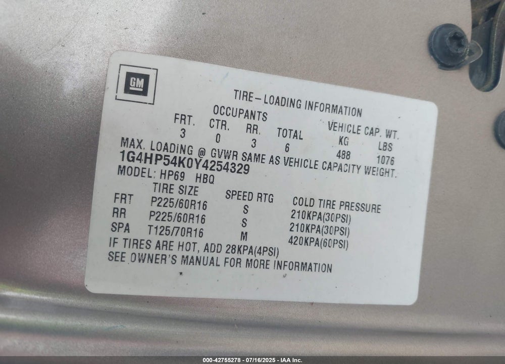 2000 BUICK LESABRE CUSTOM VIN: 1G4HP54K0Y4254329