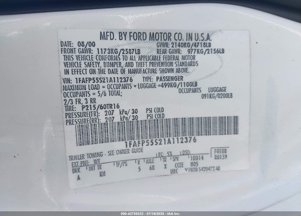 2001 FORD TAURUS SES VIN: 1FAFP55S21A112376