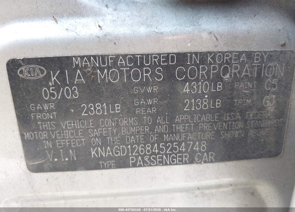 2004 KIA OPTIMA EX/LX VIN: KNAGD126845254748