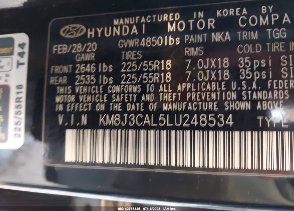 2020 HYUNDAI TUCSON VIN: KM8J3CAL5LU248534