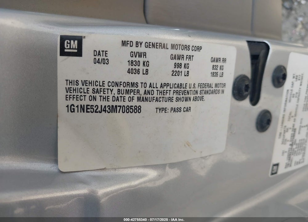 2003 CHEVROLET MALIBU LS VIN: 1G1NE52J43M708588