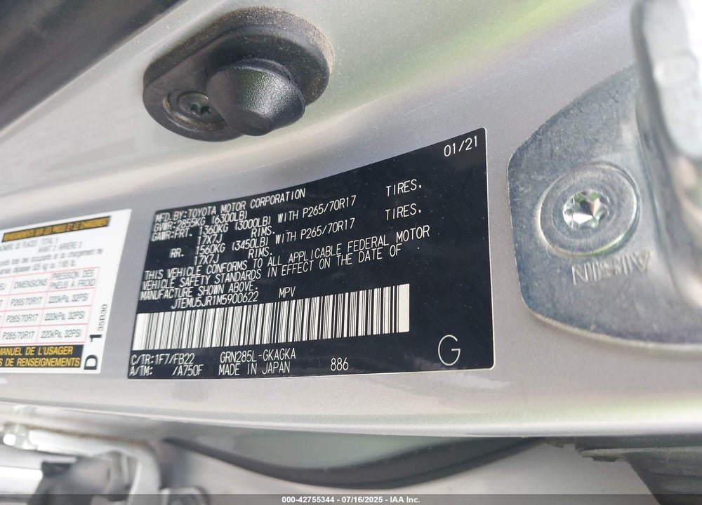 2021 TOYOTA 4RUNNER VIN: JTEMU5JR1M5900622