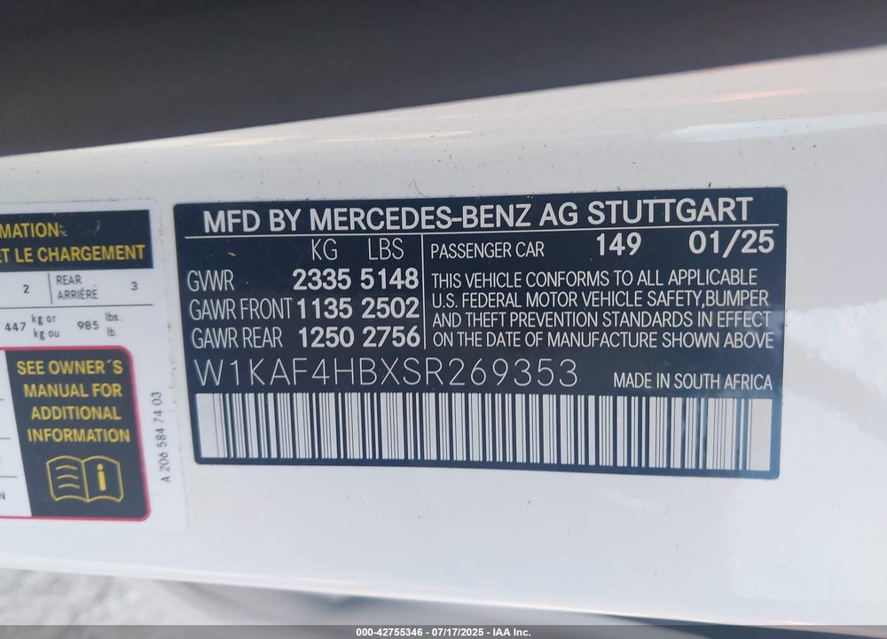 2025 MERCEDES-BENZ C CLASS VIN: W1KAF4HBXSR269353