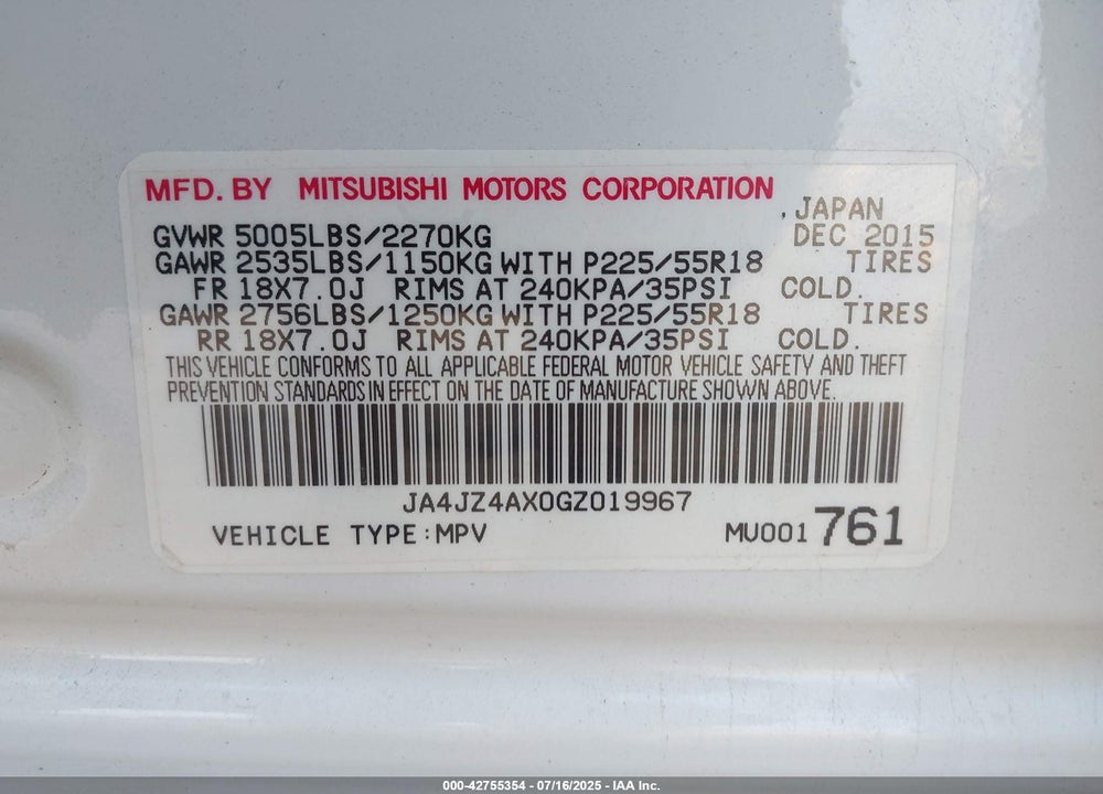 2016 MITSUBISHI OUTLANDER VIN: JA4JZ4AX0GZ019967